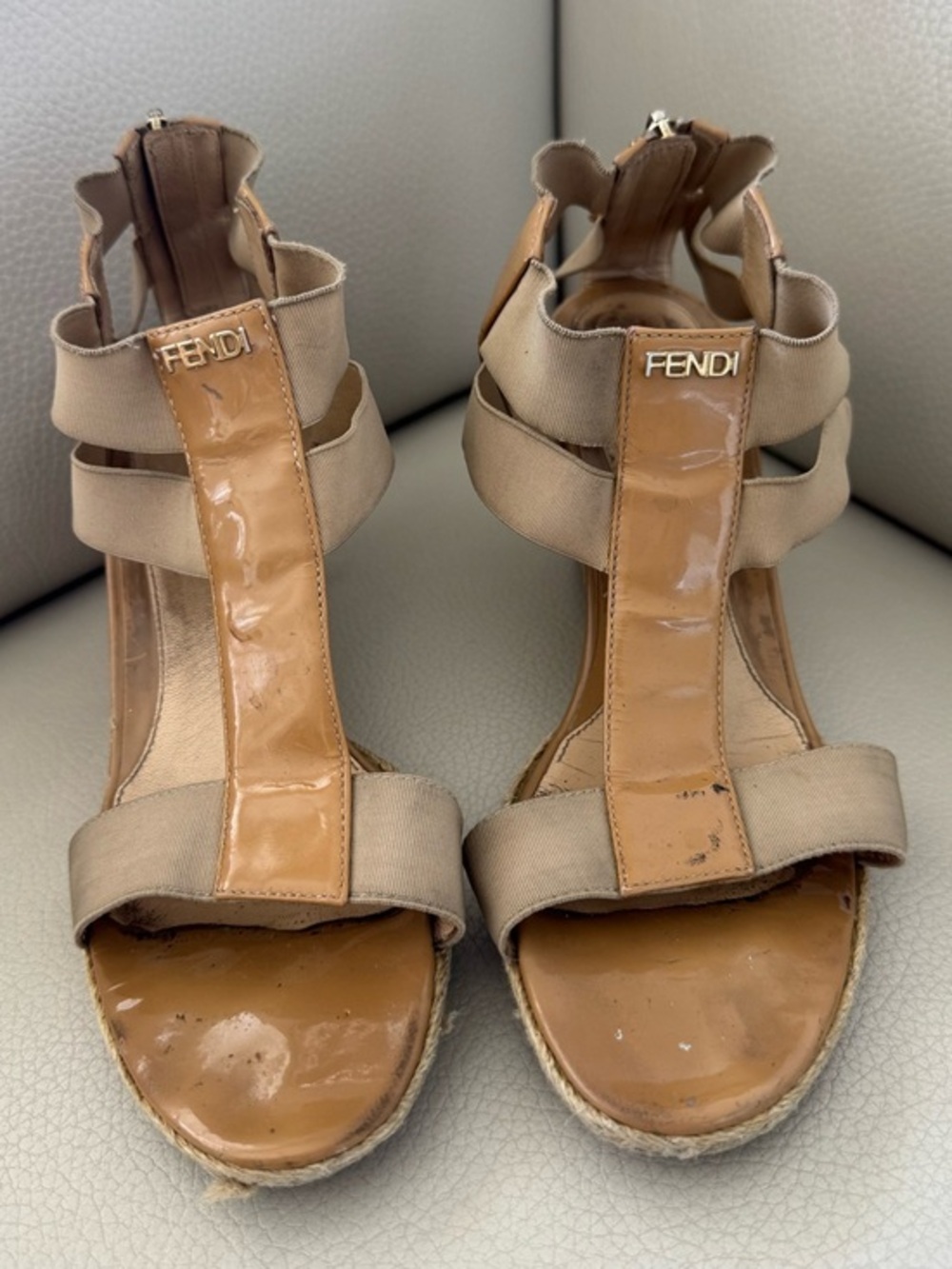 Fendi Patent & Espadrille Wedge Heel Sandals